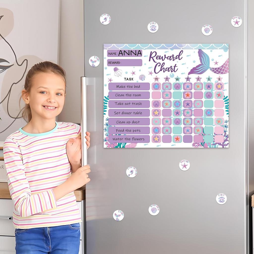 Reward Chart for Kids Magnetic Mermaid Behavior Chore Pad 26 Incentive Chore Charts with 1408 Star 80 Shell Starfish Themed Reward Stickers for Kids