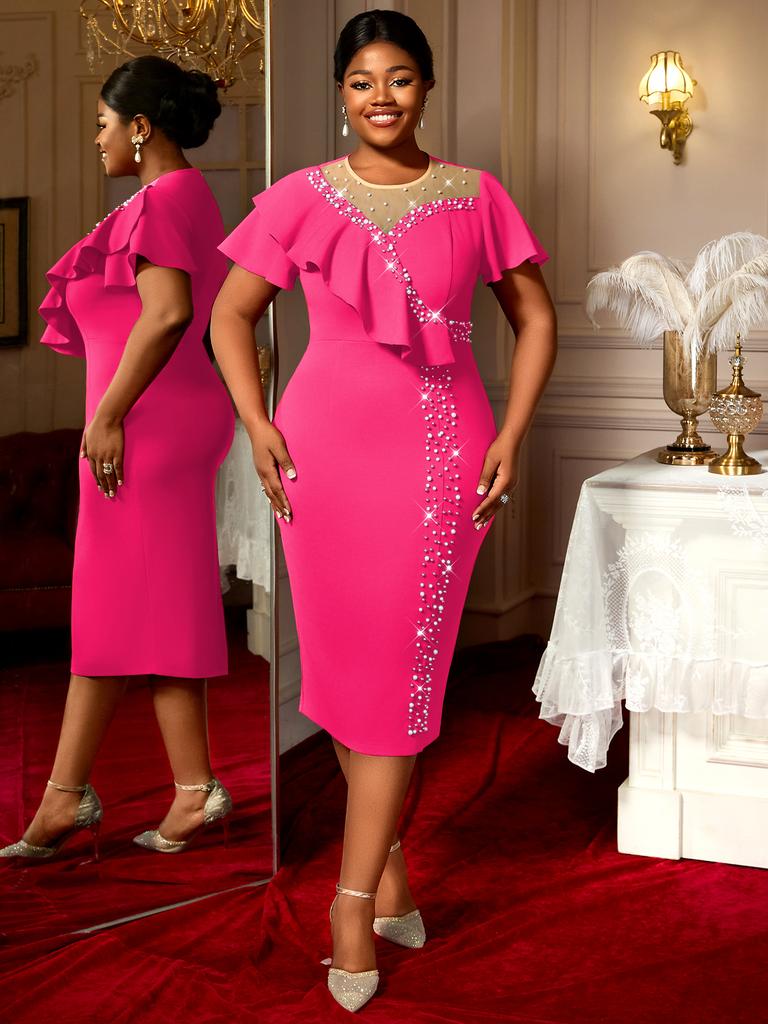 Elegant Dame Pakke Hofter Bodycon Knelang Kjole med Volang Korte Ermer Rhinestone-pyntet Utringning Perfekt for Kveldsfest