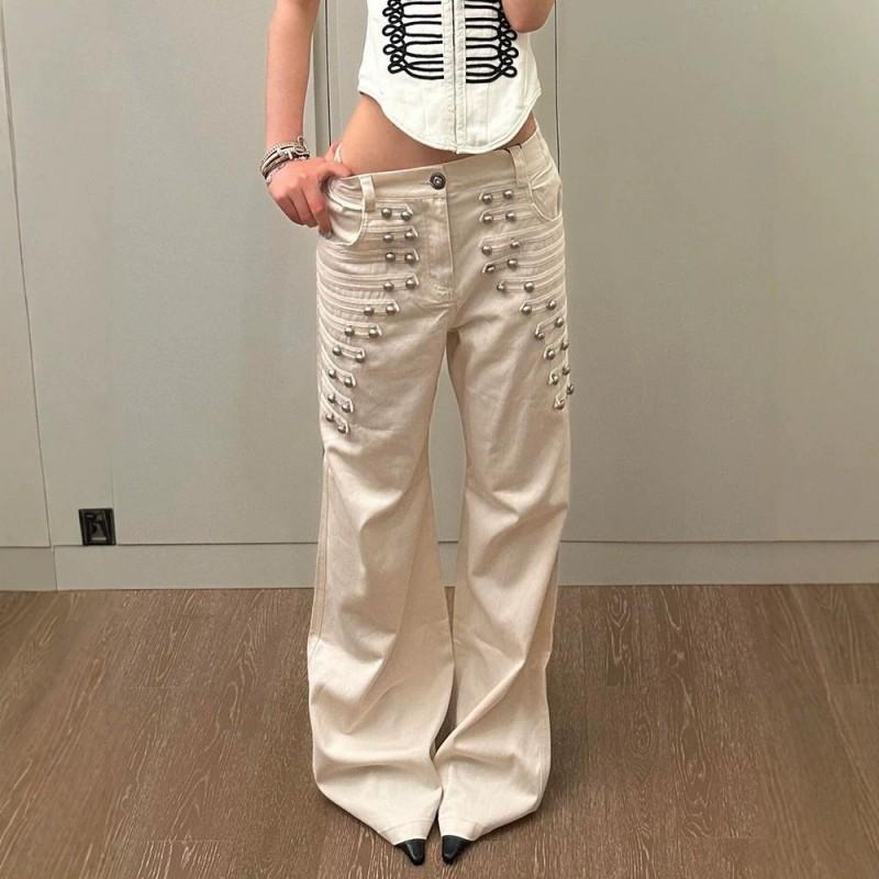 Y2K Metal Buckle Denim Pants Women Streetwear Retro Wide Leg Straight Cut Jeans High Waist Loose Fit