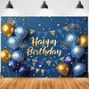Navy Blue and Gold Happy Birthday Banner - Party Background Cloth Suitable for Photography and Decoration