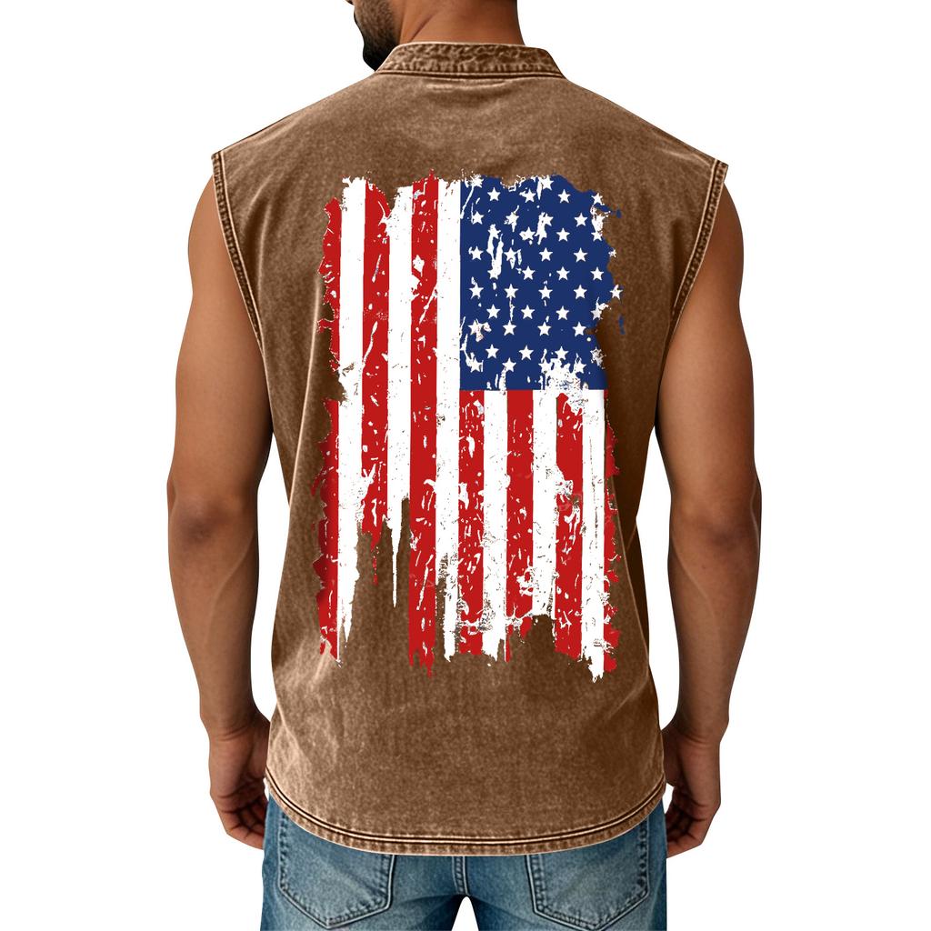 Men's Printed Washed Sports Button Pocket Sleeveless Vest