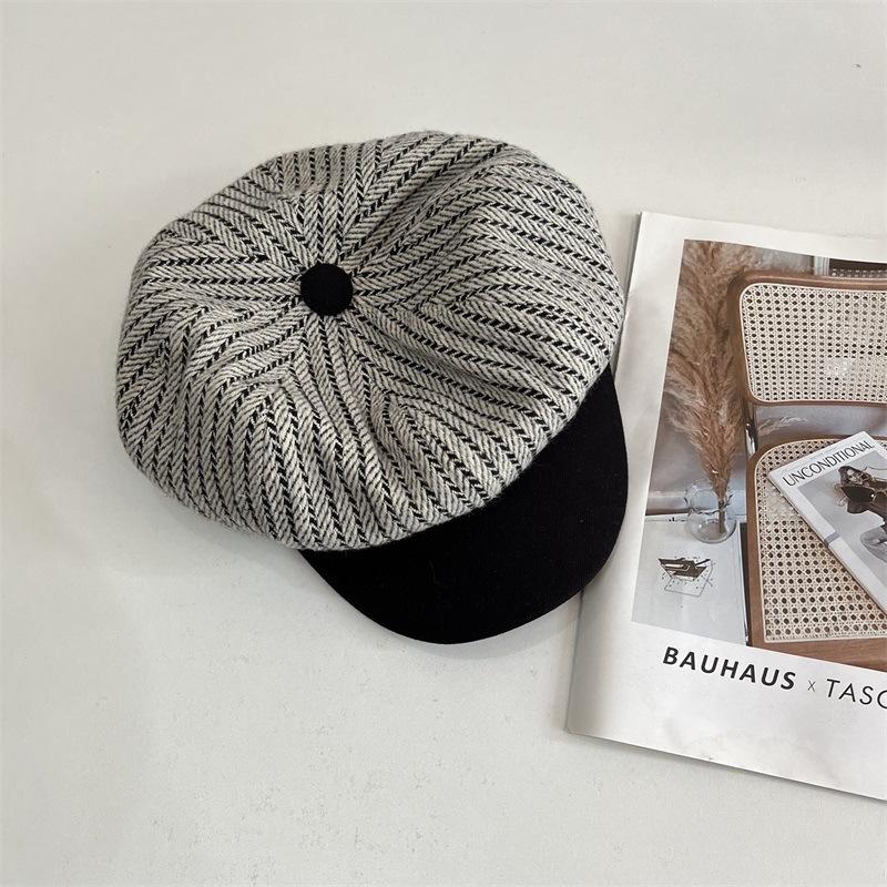 New Color Matching Brim Octagonal Hat Children's Autumn and Winter Woolen Cap Versatile Newsboy Hat Retro Beret