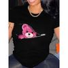 European Size Womens Cute Bear Print T Shirt Short Sleeve Crew Neck Casual Top Adorable Pink Bear Design Soft Comfortable Spring Summer Playful
