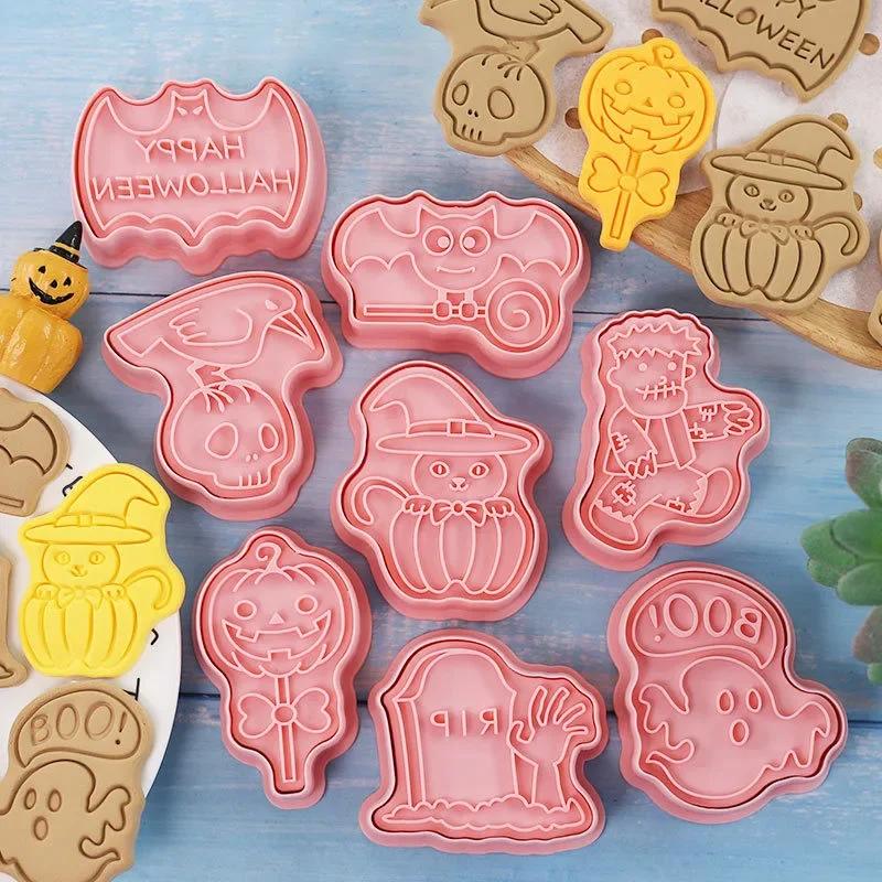 8Pcs Halloween Cookie Cutters 3D Pumpkin Ghost Skull Pressable Biscuit Mold Cookie Stamp Cake Decorating Tool Baking Accessories