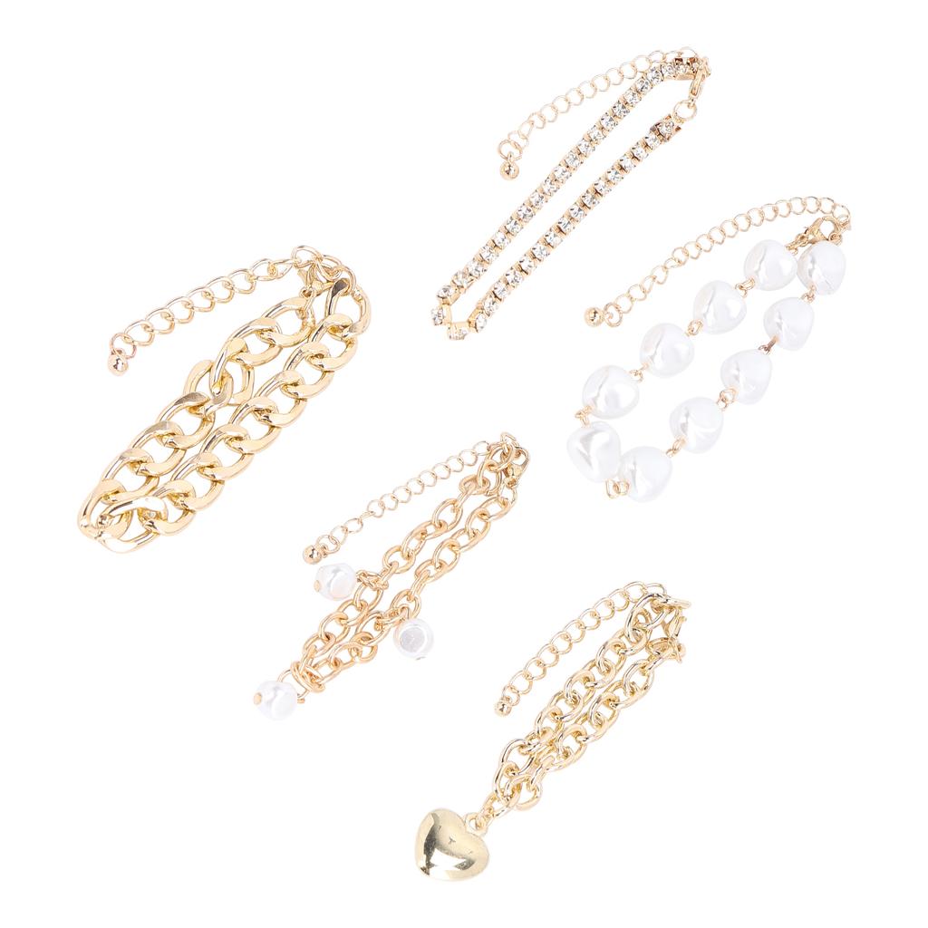 5pcs Elegant Bracelet Set Imitation Pearls Heart Alloy Fashionable Hip Hop Bracelet