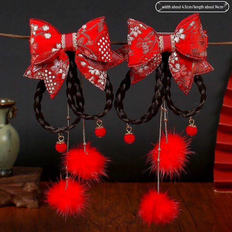 Chinese New Year Red Hair Clip with Pompon & Tassels for Baby Girl Hanfu
