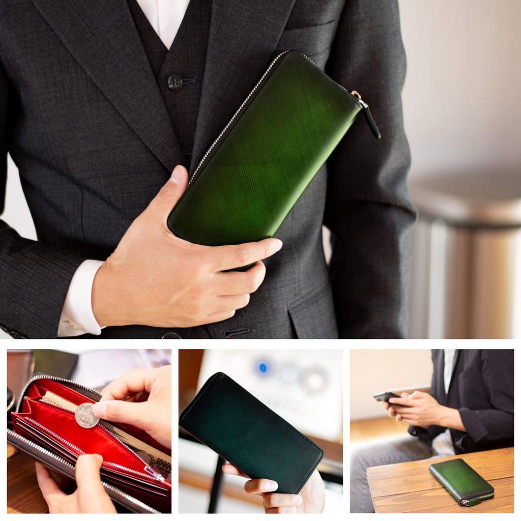 Dom Teporna Italy Long Genuine Large Italian Gradient Round 14 Card Green Men's Wallet, Leather, Green, Capacity, Leather, Zipper, Slots,