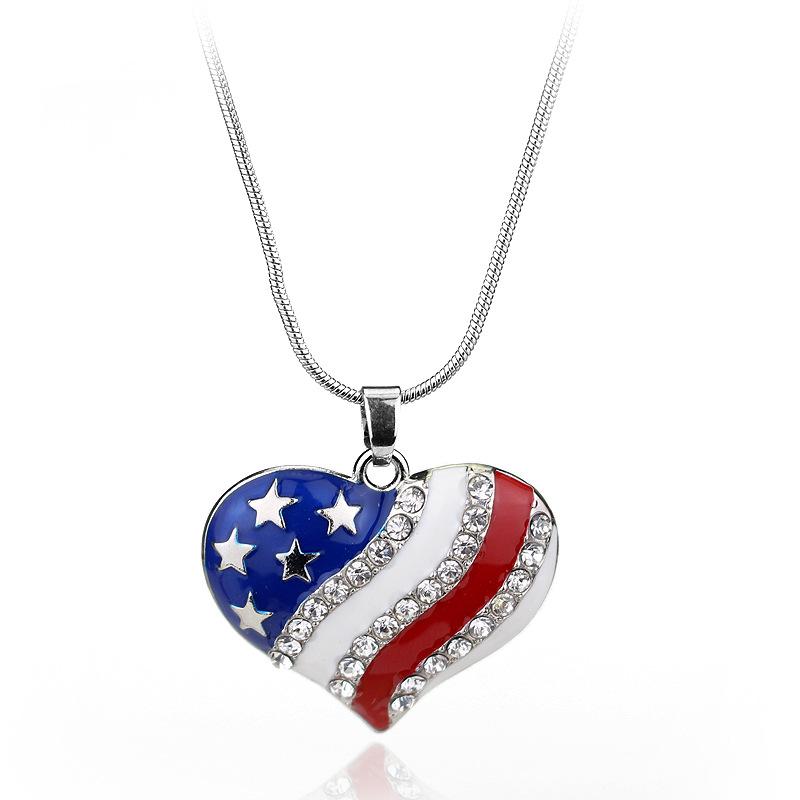 USA Flag Necklace US Love Heart Pentagram America Flag Necklace Full Iced Out Rhinestone Men Hip Hop Rock Pendant Neck Chains