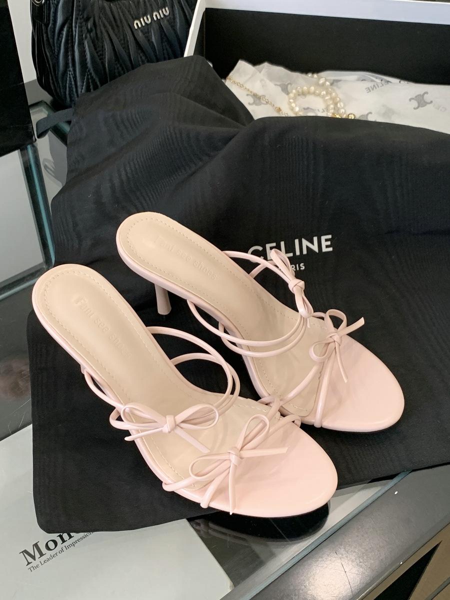 

1399-3~ New bow open-toe French temperament high-heeled cool slippers for women in summer 2025 39 розовый