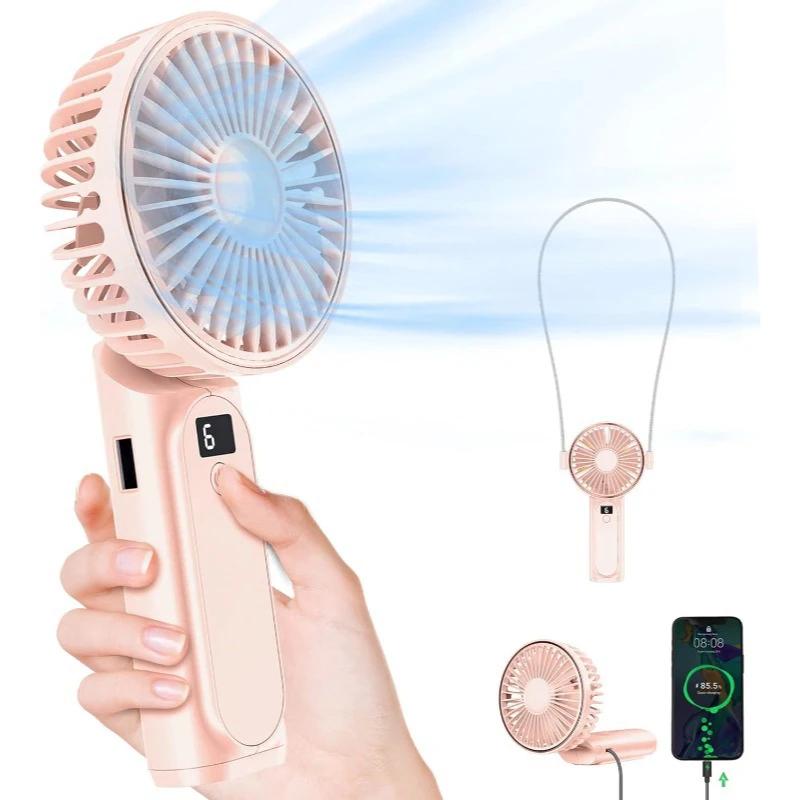 

New 3600 mAh Handheld Foldable Small Fan With Neck Hanging Function Portable USB Desktop Mini Fan Summer Air Cooler New 2025 рожевий