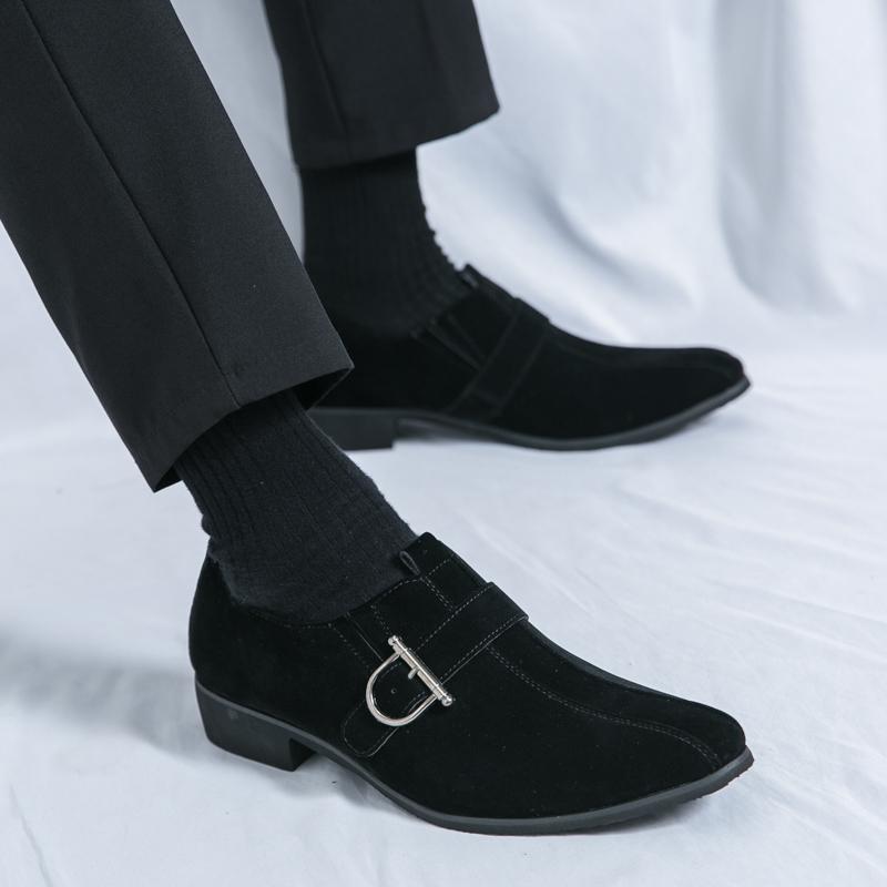 Fashion Brand Men's Pointed Suede Loafers Fashionable Korean Style Slip-on  Buckle Leather Shoes Commuting Business Casual Leather Shoes