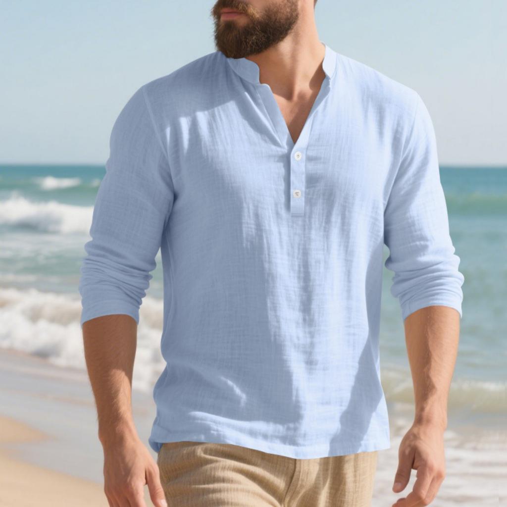 Men's Linen Long-Sleeve T-Shirt - Loose Fit Stand Collar Button Casual Long-Sleeve Top