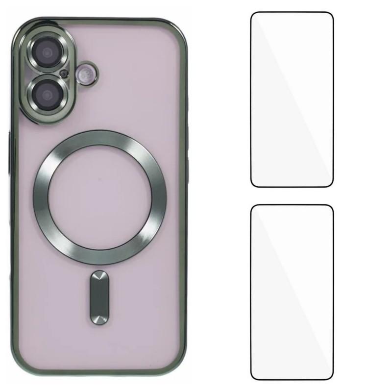 

Для iPhone 16 Магнітний чохол WANLONFENG Гальванізована TPU накладка з плівкою для об єктива+2 шт. Загартоване скло Green