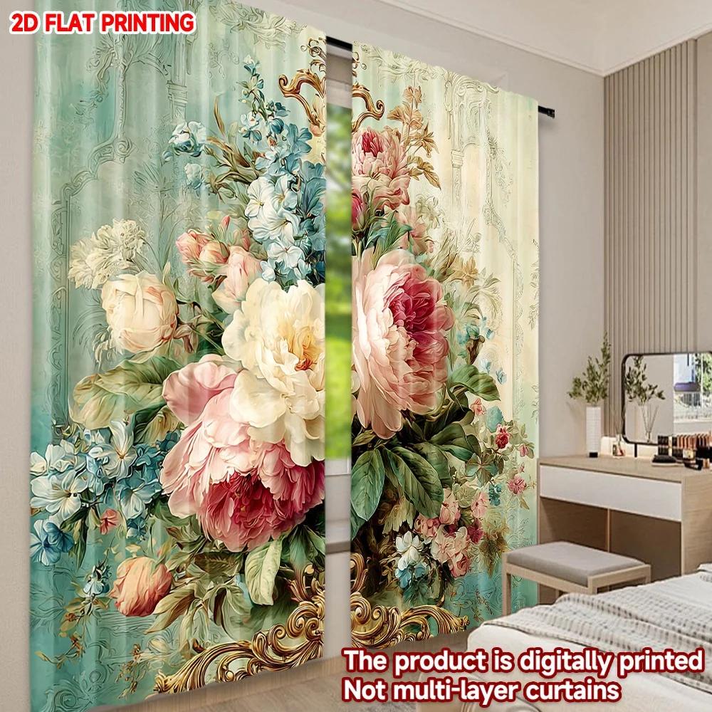 Set aus 2 rosa-weißen Blumenvorhängen Große Blüten Grüne Blätter Blaue Blumen Heller Hintergrund Wohnzimmer Schlafzimmer Vorhang Polyester Ideal zum Sitzen