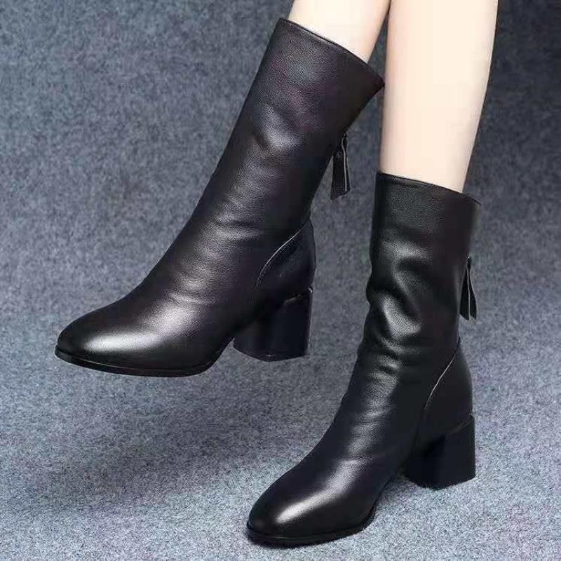 Fashion Pointed Toe Women's Half High Boots Black Zipper Ladies Mid Calf Shoes on Offer Pu Chic and Elegant New in Hot 2025 Y2k Footwear