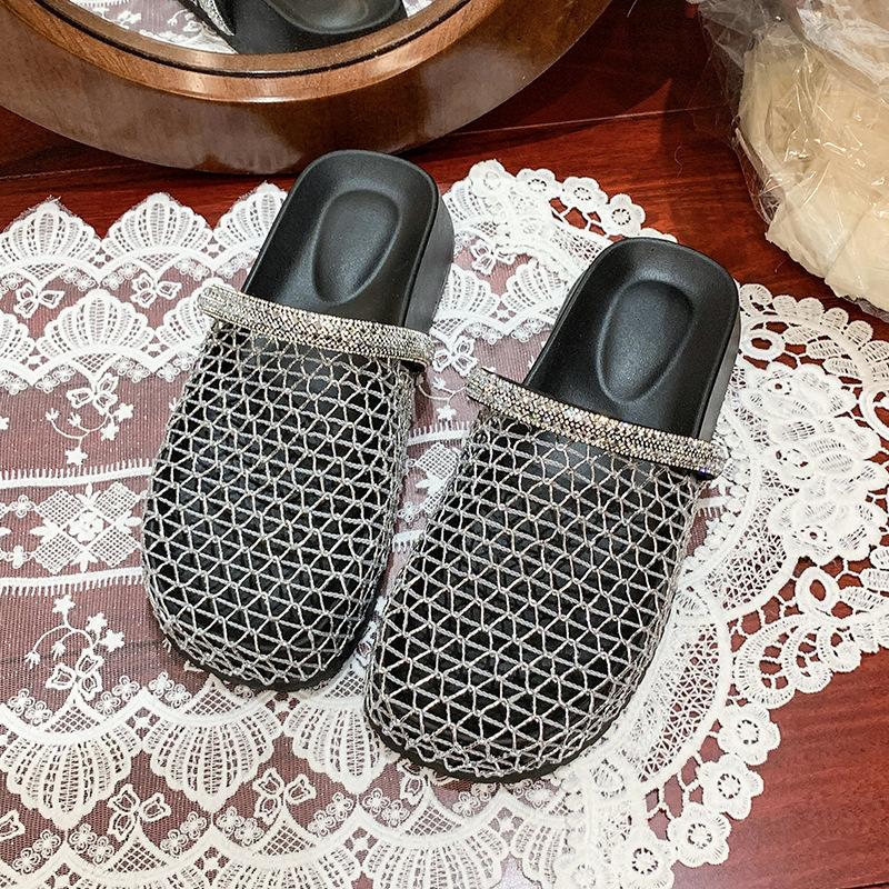 

2025 лето новый рыболовная сетка поверхность полый страз сумка голова полушлепанцы женская обувь плоские повседневные пляжные крутые шлепанцы 40 серебряный