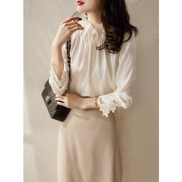 Spring Long Sleeve Shirt Elegant Style Elastic Ear Collar Loose French Shirt Top for Women