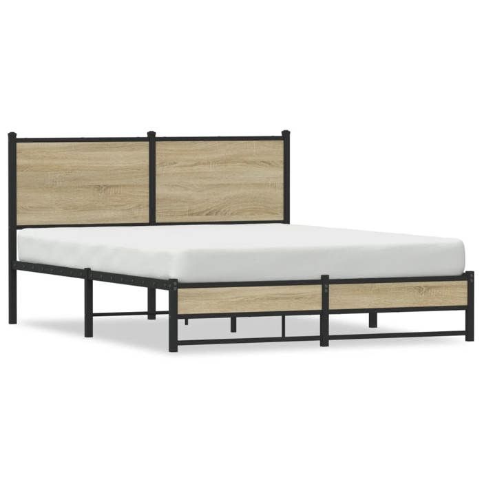 VidaXL Metal Bed Frames with Sonoma Oak Headboard 150x200 Cm, Double Bed, Bedroom Furniture, Bed 4007888