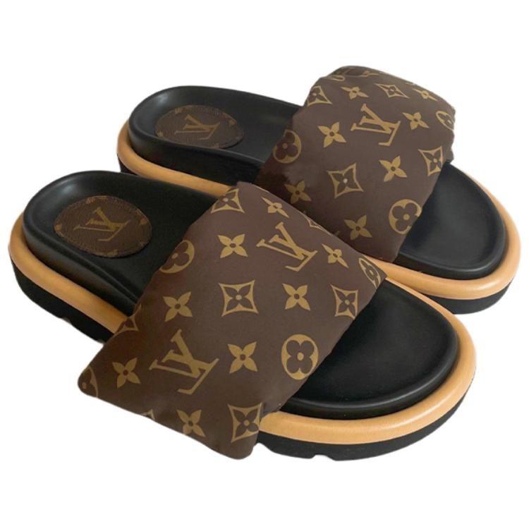 Louis Vuitton Down Slippers Women's Black Brown 1A98GT