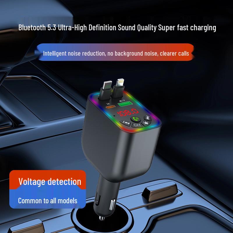 Y5 Car Bluetooth MP3 Charger with Retractable Cable, Fast Charging, Digital Display, Color Light, Cigarette Lighter, and U Disk Player