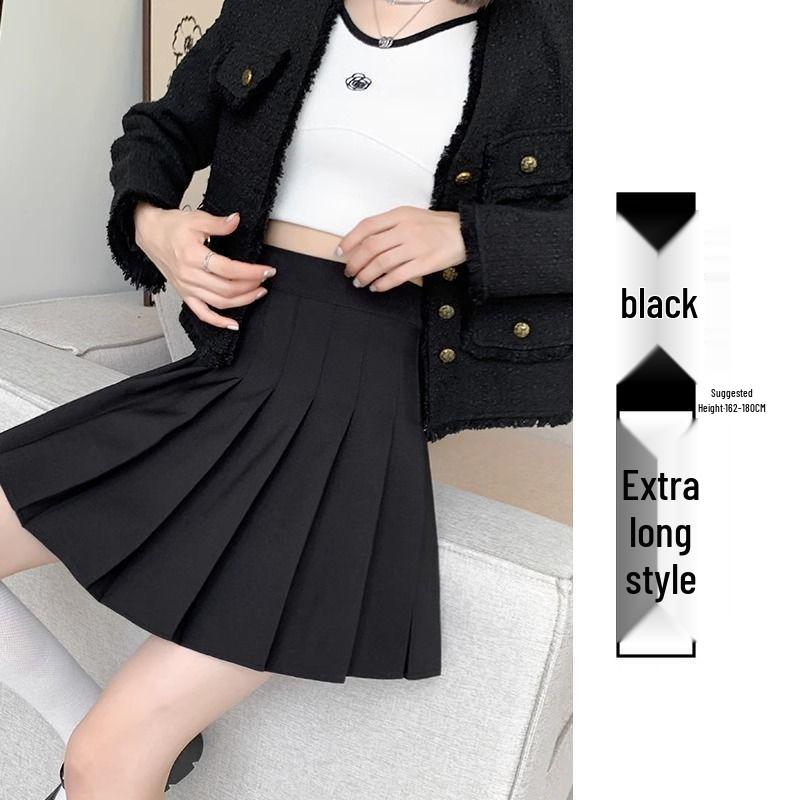 New 2024 Women's High Waist Black Pleated A-line Skirt - Short, Slimming, Summer to Autumn Style