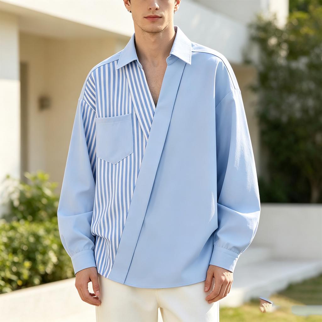 Men's Plus Size Loose Fit Striped Patchwork Asymmetric Casual Shirt for Spring and Fall