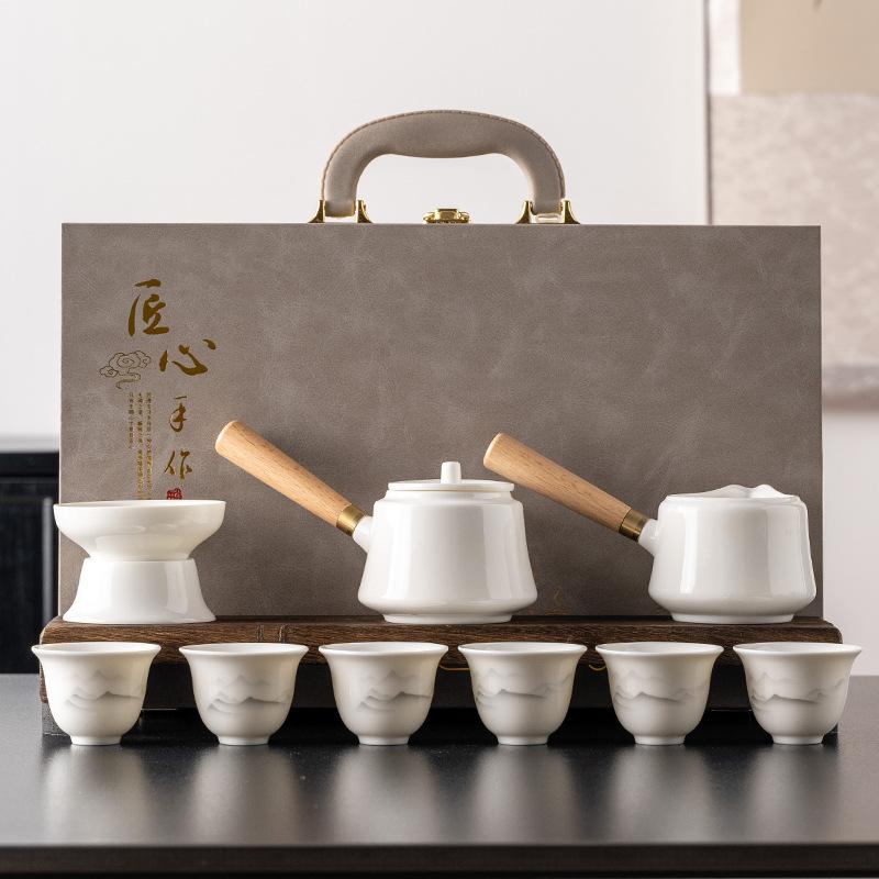 Suet Jade White Porcelain Side Handle Pot Kung Fu Tea Set High-end Home Tea Art Office Simple Teapot Teacup