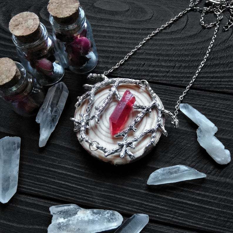 Fashion Gothic Jewelry With Red Quartz Crystal Tree Branch Pendant For Men Women
