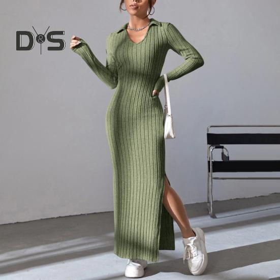Women Spring Fall Dress V Neck Slit Hem Thread Slim Fit Long Sleeves Ankle Length Knitted Elastic Maxi Dress Shopping Dating Party Dress