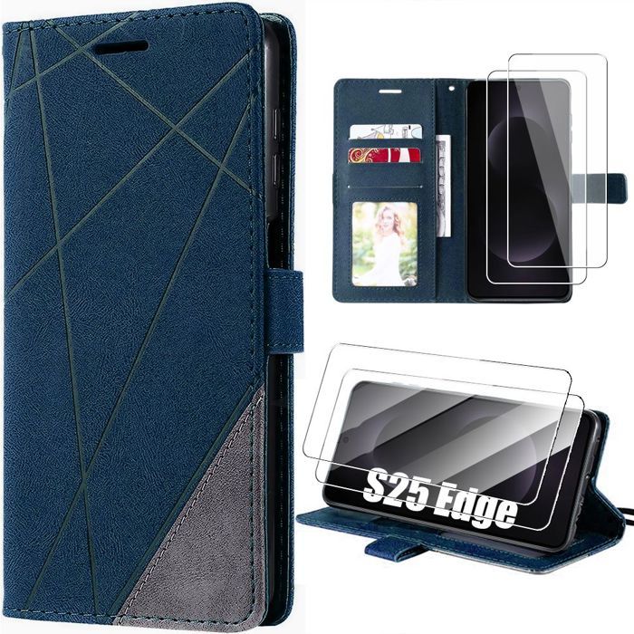 Coque de protection - BOOLING - pour Samsung Galaxy S25 Edge - Cuir PU Bleu Marine - 2 Verres Trempés - Antichoc