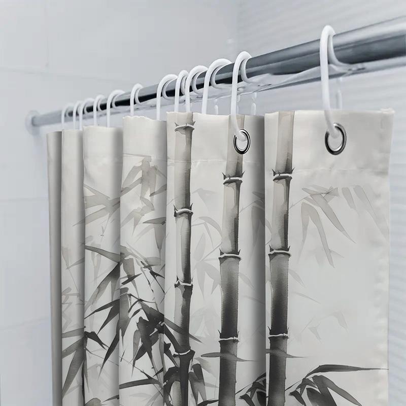 Bamboo Shower Curtain Black White Watercolor Print Long Bath Mat Modern Decorative Waterproof Fabric Available In Various Sizes