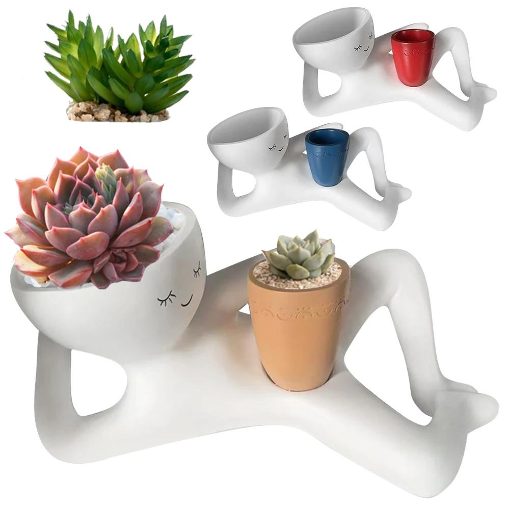 Relaxing Person Holding Pot Planter with Drainage Hole Kinky Planter Ornament Resin Funny Succulent Pot Home Office Decor