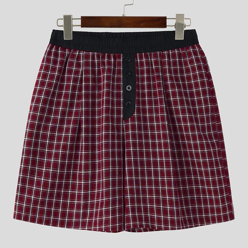 

INCERUN Men Summer Elastic Waist Stitching Plaid Print Casual Shorts Half Pants 4XL вино красного