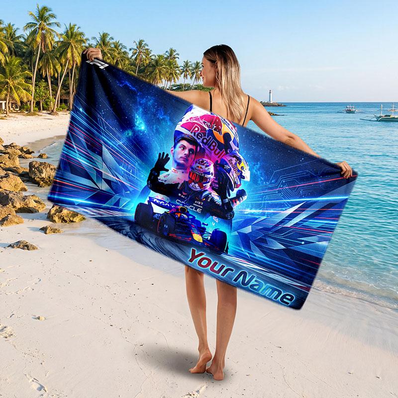 Asciugamano da Spiaggia Personalizzato con Nome Testo Max Verstappen, Asciugamano Morbido Assorbente per Spiaggia Piscina Viaggio Regalo Personale
