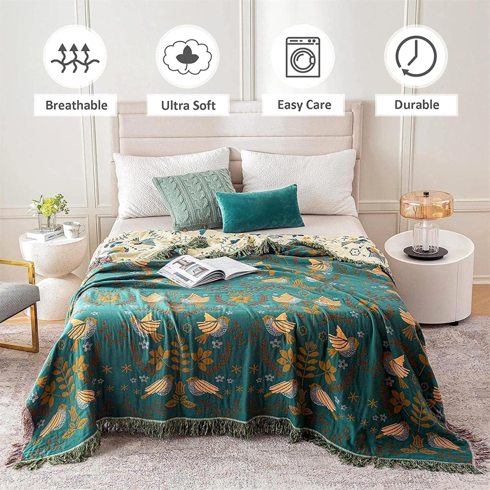 

230x250cm Japanese Throw Cotton Gauze Sofa Cover Flower and Bird Pattern Embroidered Edge Four-season Bed Cover Blanket Towel зелений