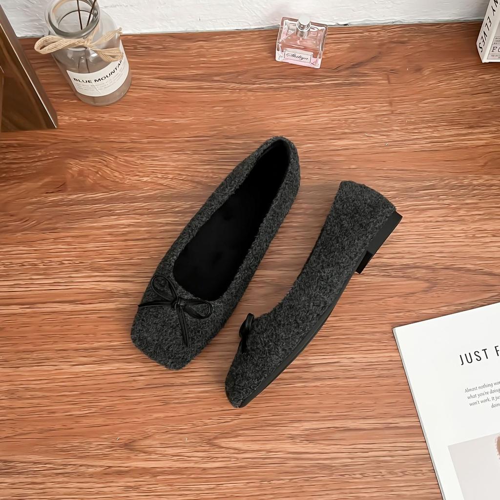 Grape mother spring new bow square head shallow mouth single shoes women 2025 Korean version soft surface flat casual shoes women