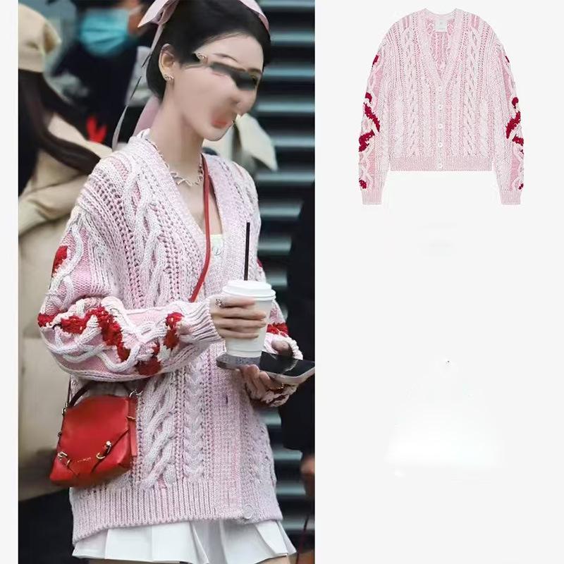 Trendy Pink Cable Knit V-Neck Cardigan Sweater for Women - Loose, Long Sleeve, Single-Breasted
