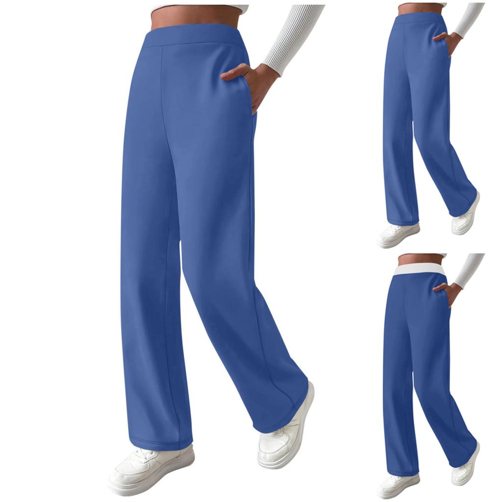 Women's Fashionable Loose Solid Color Elastic Waist Pocket Straight Leg Casual Pants