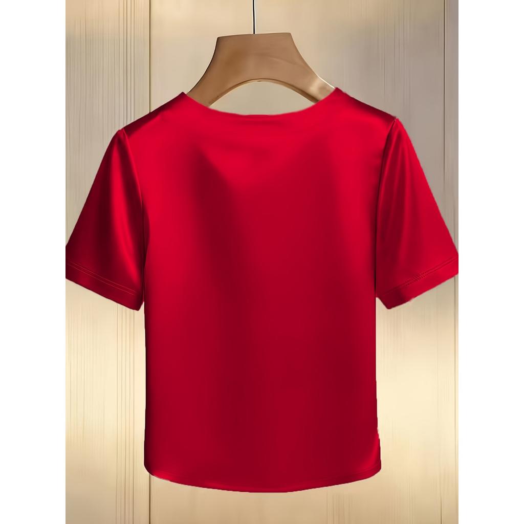 Spring Summer French Style Pearl Round Neck Satin Short Sleeve Shirt T-shirt