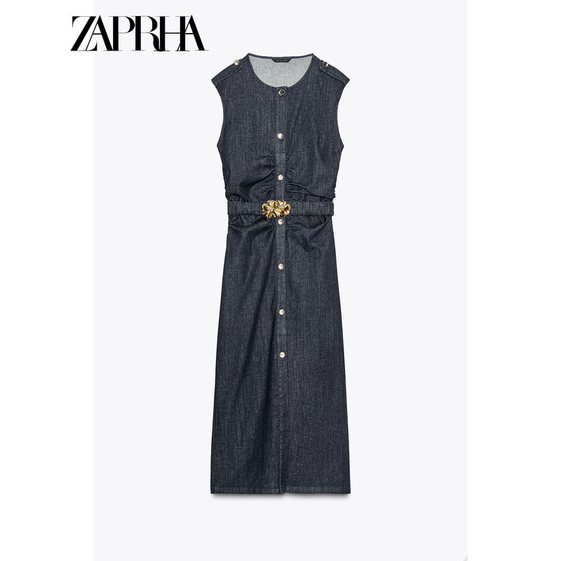 Zaprha 2025 New Arrival Retro Casual with Belt Ruched Denim Midi Skirt Dress Waist 3394576