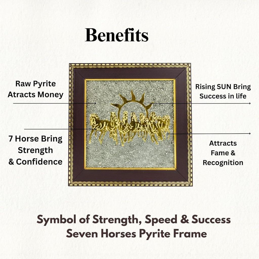 7 Horses Painting On Raw Pyrite Stone for Vastu | Seven Running Horses with Sun Wooden Wall Art