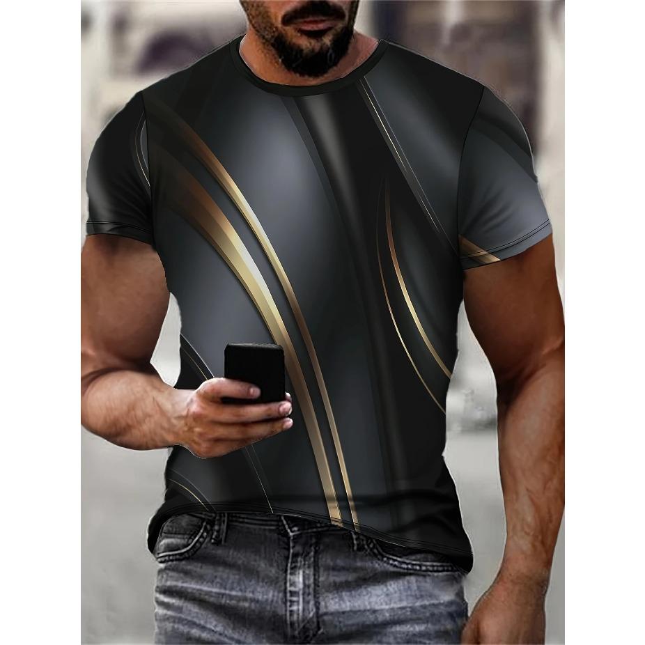 

Мужская черная футболка с 3D-принтом и золотыми геометрическими полосами – повседневная летняя футболка с коротким рукавом для занятий спортом на открытом воздухе, с круглым вырезом XS золотой