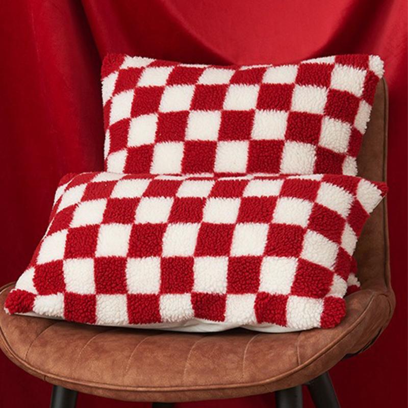 Housse de coussin à damier Kaki Café Housse de coussin de luxe en fausse fourrure Laine Housse de coussin jeté pour canapé Canapé Salon Décoration de la maison