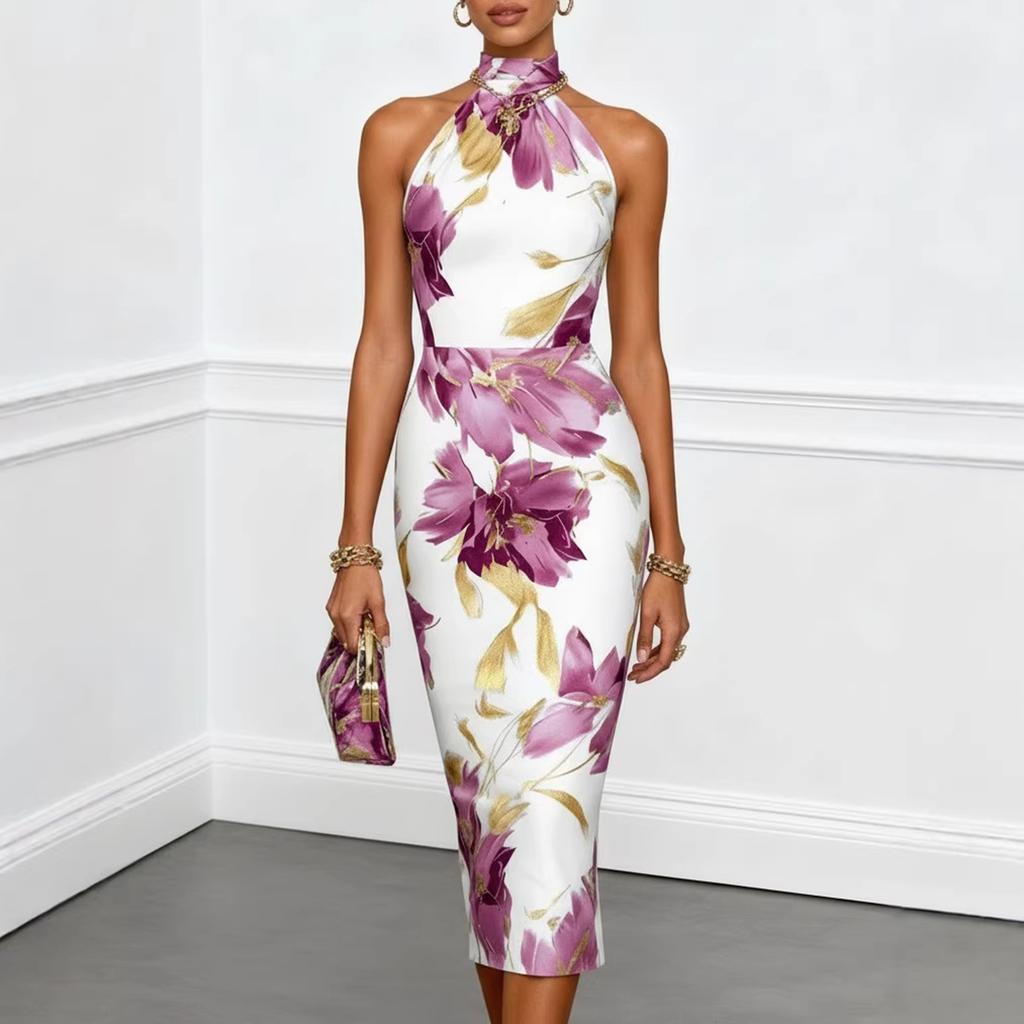 Women's Halter Neck Bodycon Dress Floral Print Sleeveless Slim Fit Midi Dress Elegant Design for Casual and Formal Wear