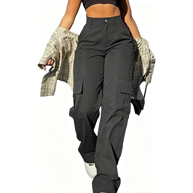 New high-waisted straight-leg trousers casual and versatile solid color multi-pocket semi-elastic waist women's overalls