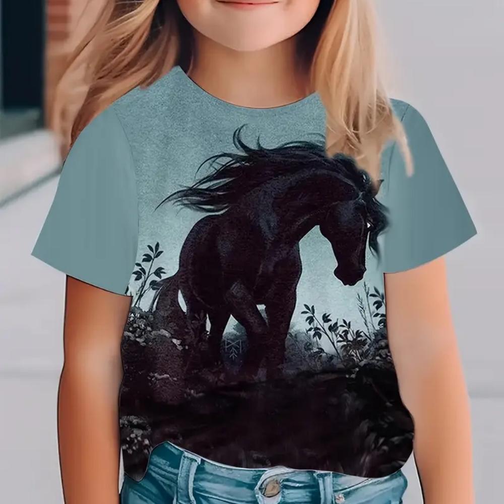 Summer Girls' Clothing Cute and Interesting Animal Horse Round Neck Short Sleeved Printed T-shirt Fashionable Streetwear Top Girls' T-shirt