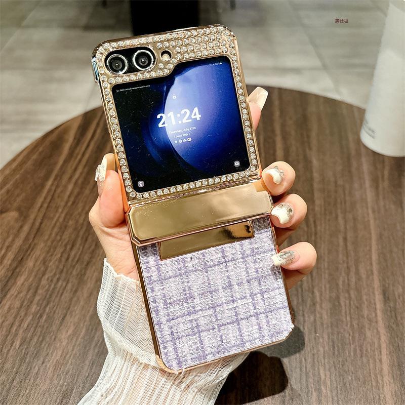 Suitable for Samsung Zflip6 Mobile Phone Case Folding Diamond Inlay W25flip Center Shaft Hinge Small Fragrance Style Flip5 Fashion Women