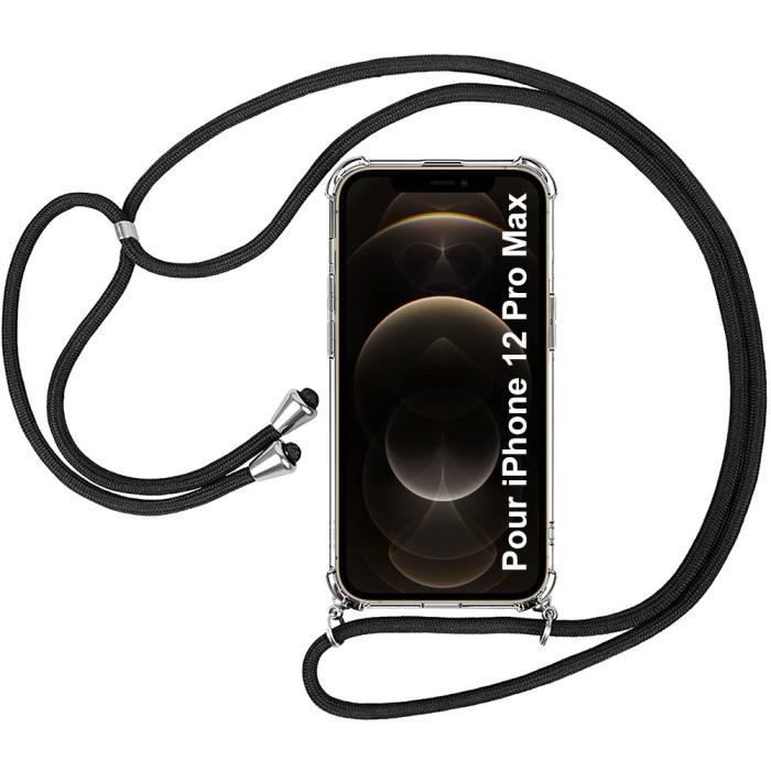 Coque de Protection - E.F.CONNECTION - pour iPhone 12 Pro Max - Souple - Transparent-Noir - Avec Collier Cordon
