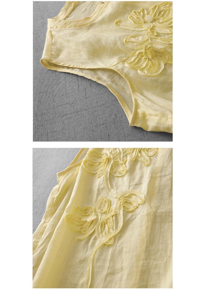European-Style Floral Embroidered Cotton Linen Sleeveless Top for Women