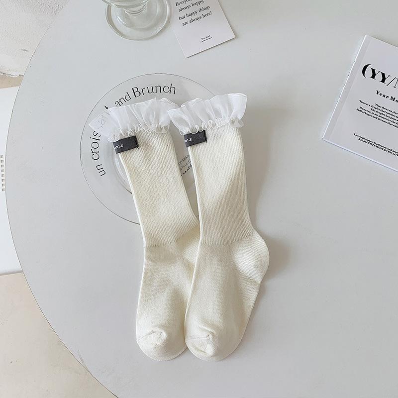 

Socks Middle Tube Spring And Autumn Big Lace Cute Trendy Internet Celebrity Cloth Label Sweet White Soft Girl Cotton Socks One size fits all
